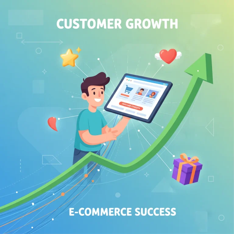 Illustration of e-commerce customer retention growth and positive customer experience.