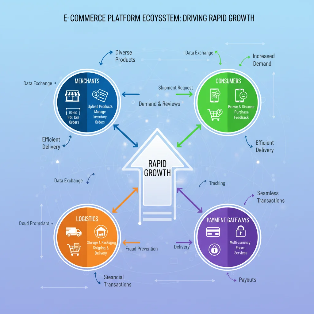 E-commerce platform ecosystem flowchart, showing interconnected components
