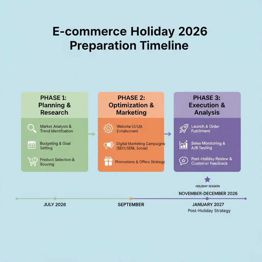 Infographic detailing the three phases of Holiday 2026 e-commerce preparation roadmap.