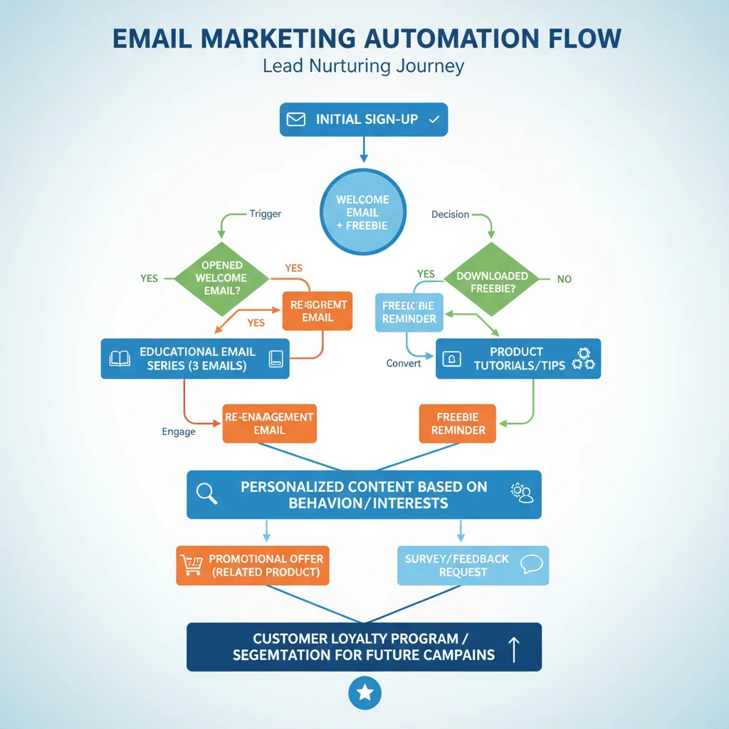 Infographic demonstrating an automated email marketing sequence for lead nurturing and conversion.