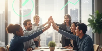 Empowered employees collaborating, leading to increased customer satisfaction and business growth.