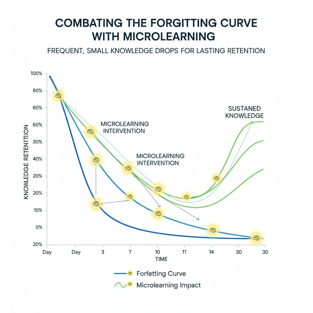 Infographic showing the forgetting curve mitigated by microlearning interventions, improving long-term knowledge retention.
