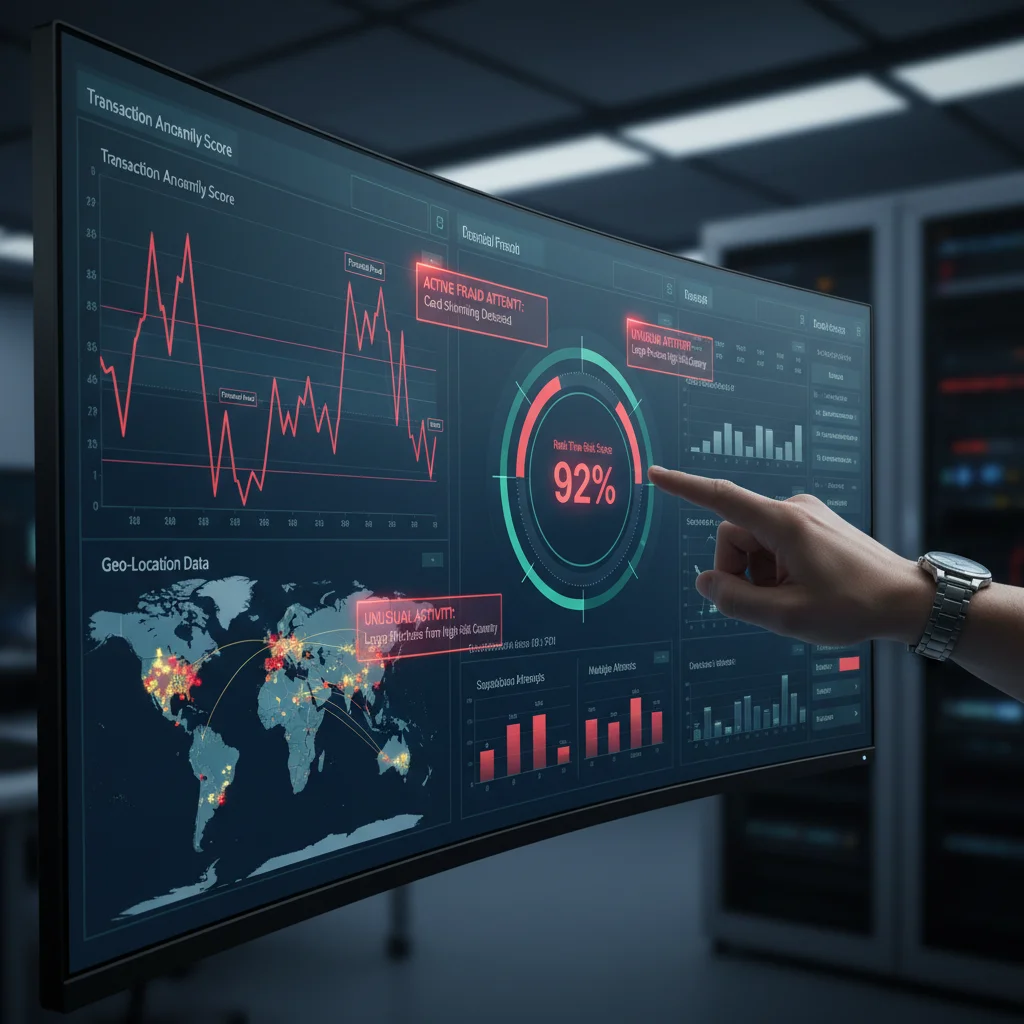 Fraud detection dashboard with transaction anomalies and risk scores