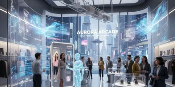 Futuristic digital retail store showcasing advanced CX technologies and diverse customer interactions
