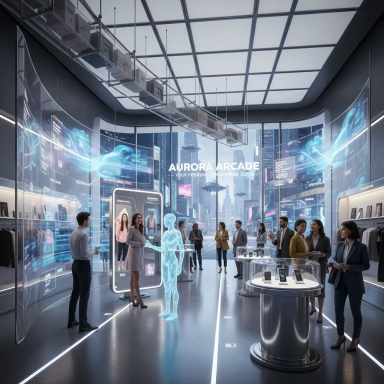 Futuristic digital retail store showcasing advanced CX technologies and diverse customer interactions