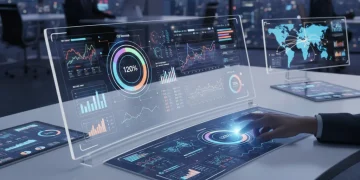 Futuristic digital sales dashboard with real-time data and predictive analytics