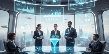 Futuristic sales team leveraging AI for enhanced performance