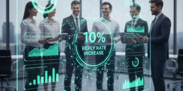 Futuristic sales dashboard showing a 10% reply rate increase, representing advanced sales engagement platforms.