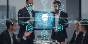 Futuristic sales enablement technology stack with interconnected icons and data streams, representing modern sales tools and their integration.
