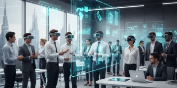 Futuristic sales team onboarding with VR and data projections, emphasizing speed and efficiency in 2026.
