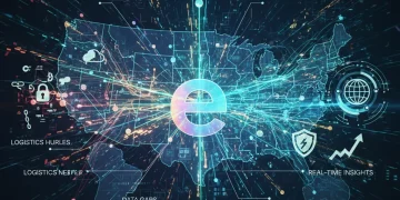 Global supply chain network with data flows and U.S. map, symbolizing e-commerce resilience