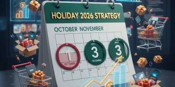 Strategic calendar showing 3-month countdown to Holiday 2026 e-commerce success with profit graphs.