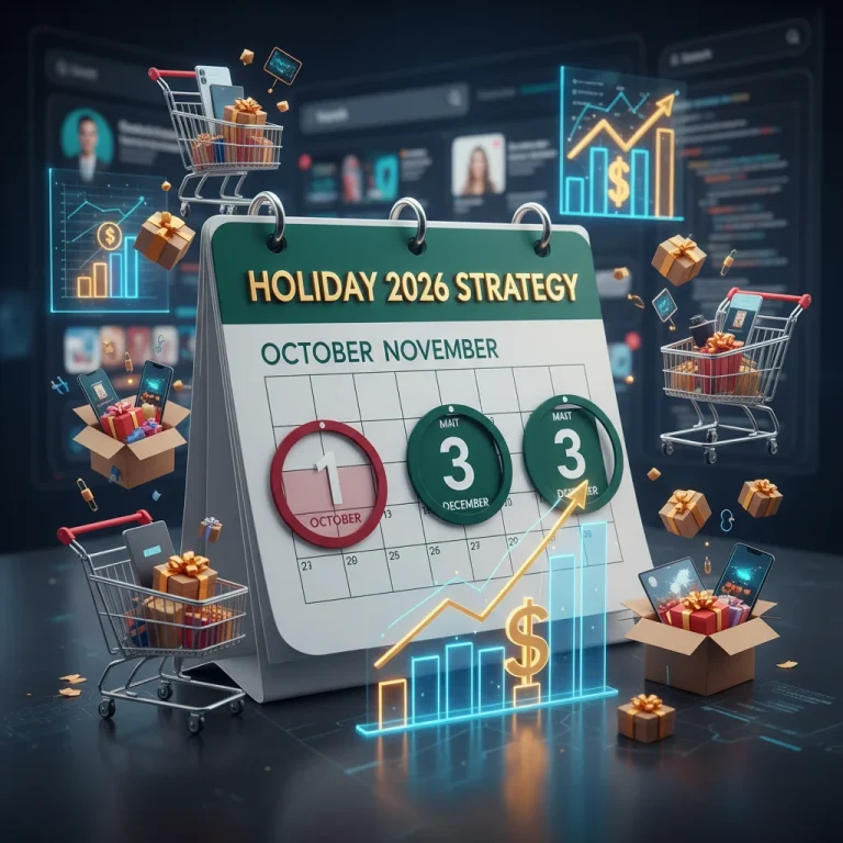 Strategic calendar showing 3-month countdown to Holiday 2026 e-commerce success with profit graphs.