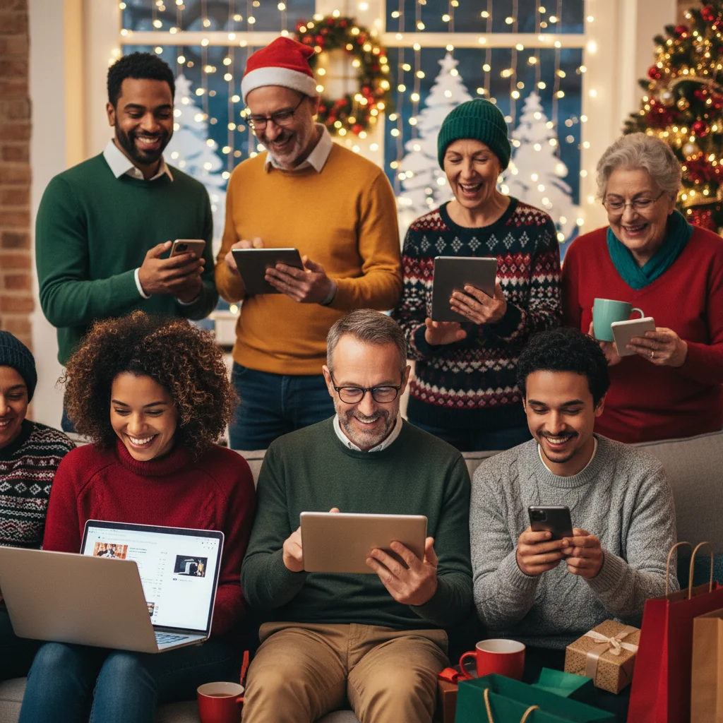 Diverse online shoppers engaging with e-commerce platforms across multiple devices during holidays.