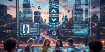Hyper-Personalization 2026: Boost US Customer Engagement by 15% with Data Futuristic data interface showing personalized customer journey and engaged users in a US cityscape.