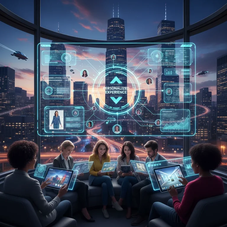 Futuristic data interface showing personalized customer journey and engaged users in a US cityscape.