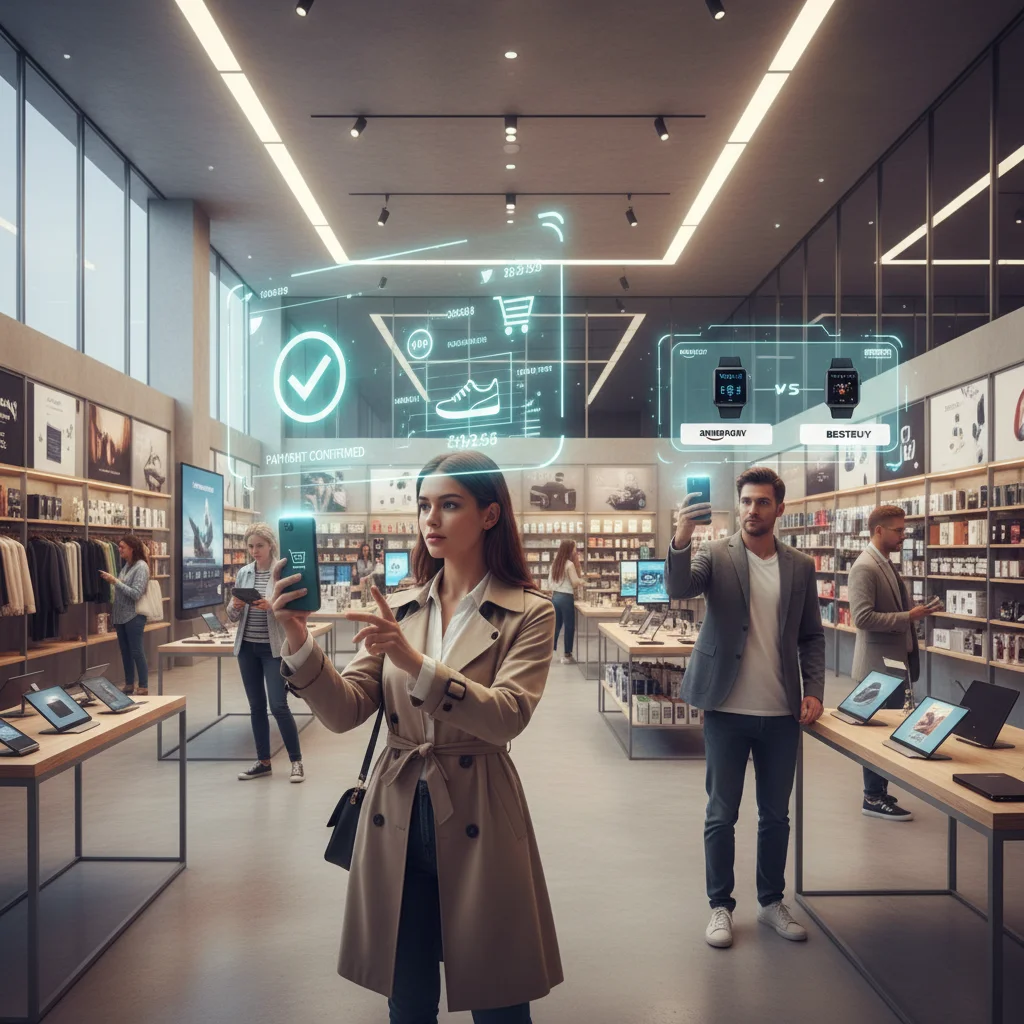 Customers using smartphones for in-store purchases, highlighting mobile payment integration.