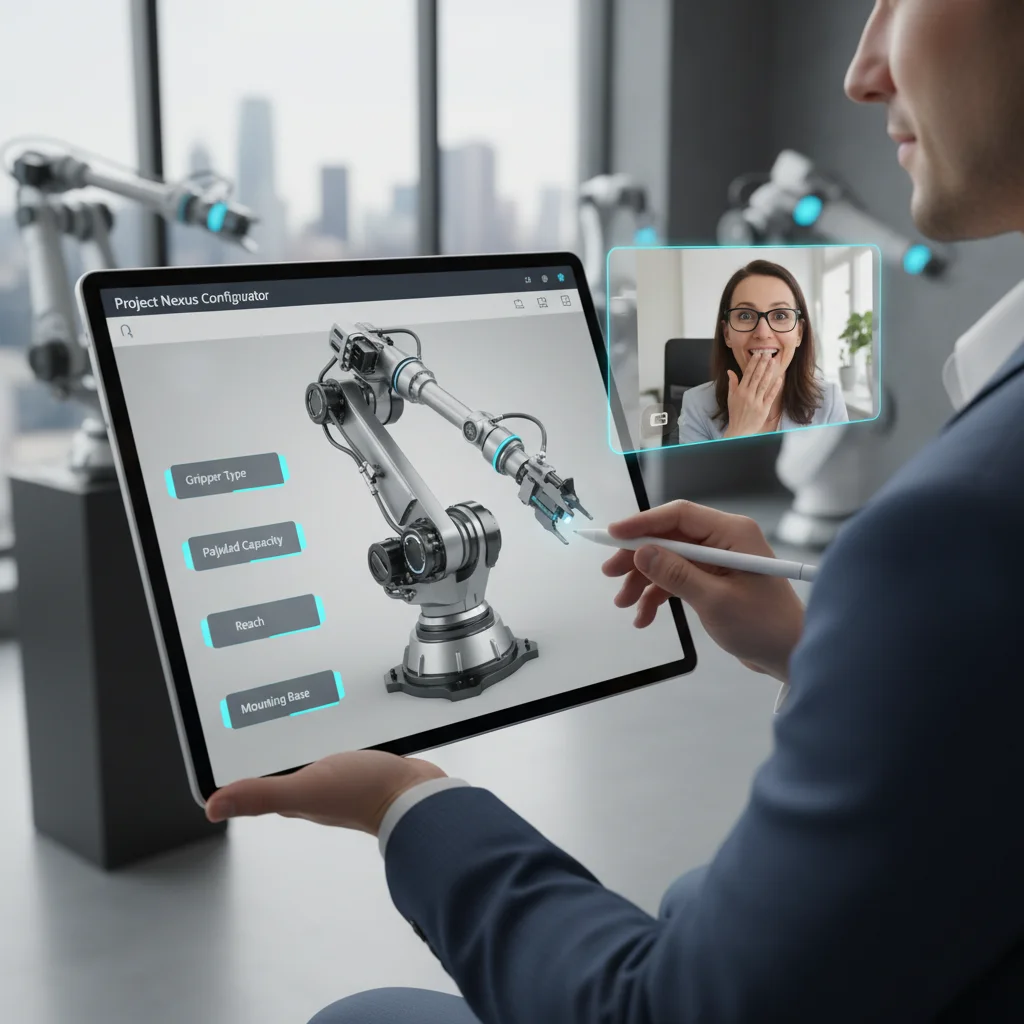 Interactive product demonstration using virtual selling platform on a tablet for remote client engagement.