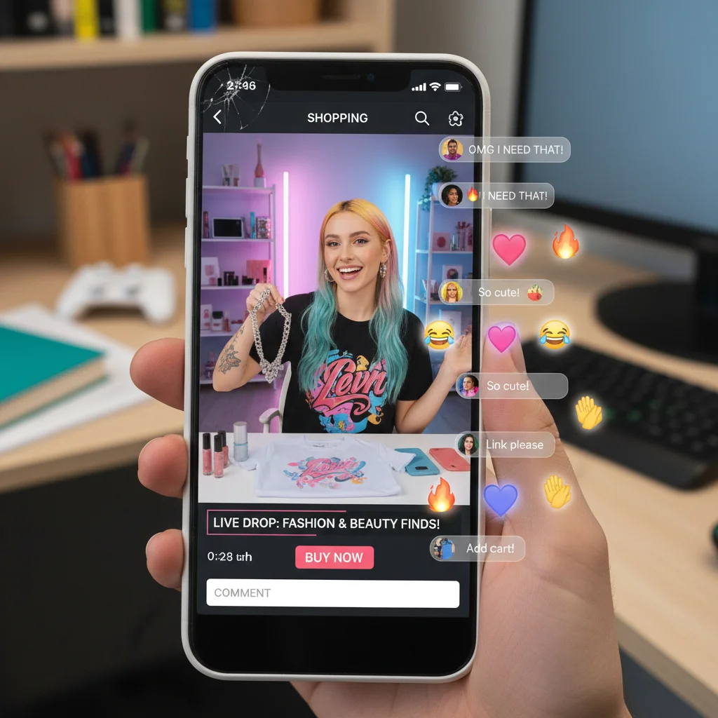 Live shopping event with influencer and interactive chat on a smartphone