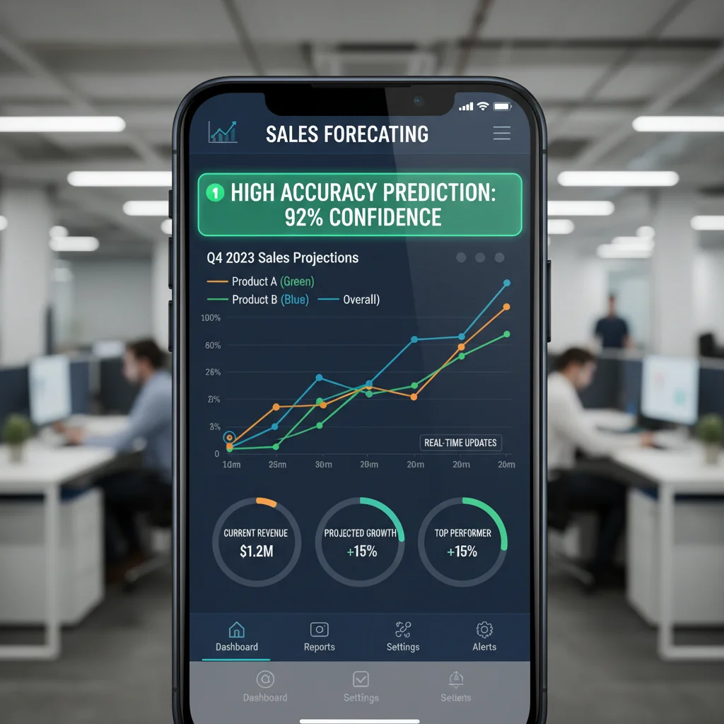 Mobile application displaying real-time AI sales forecasting data and high accuracy predictions