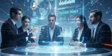 Modern sales team collaborating with advanced sales enablement technology for increased deal velocity.