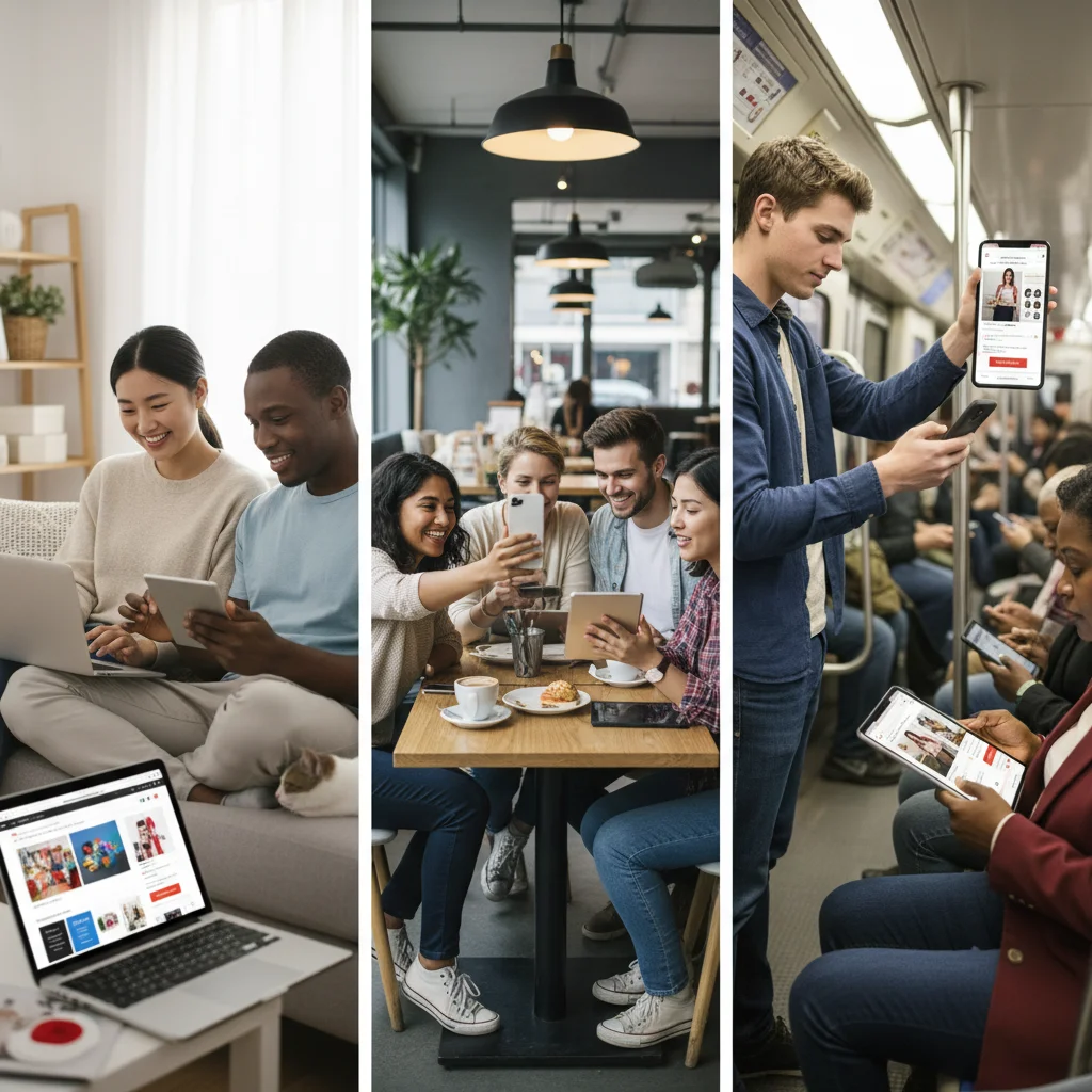Diverse customers using multiple digital devices for online shopping, illustrating the multi-channel e-commerce experience.