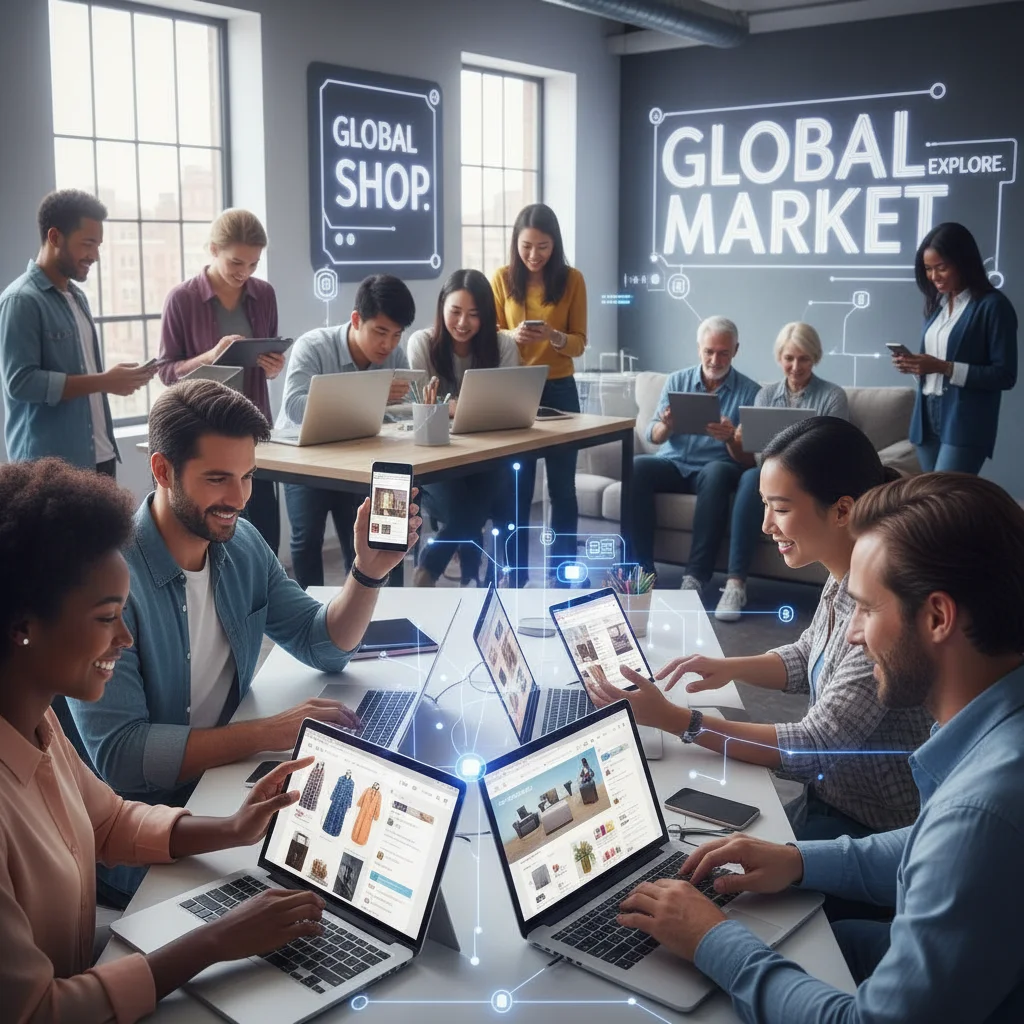 Diverse consumers shopping on multiple digital devices, highlighting marketplace accessibility
