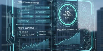 Futuristic CPQ interface showing efficiency gains for US enterprises
