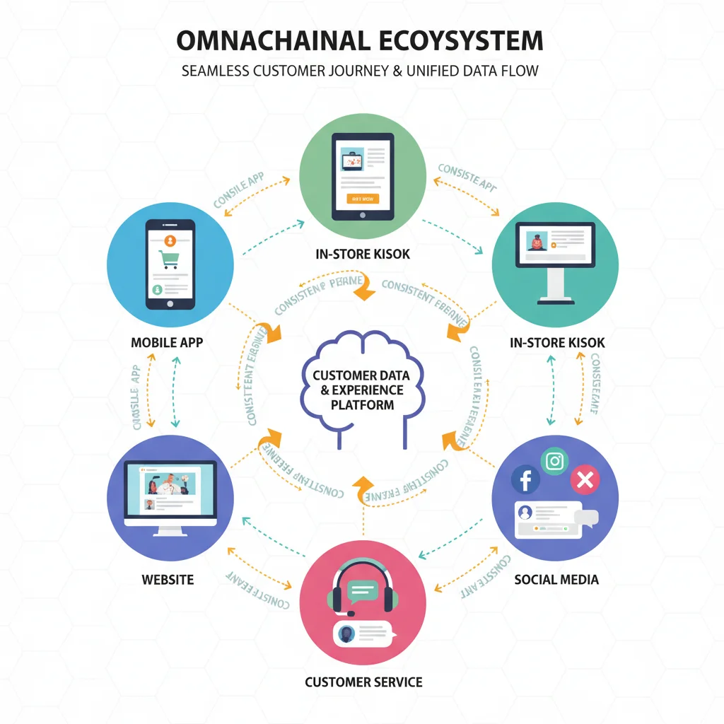 Infographic depicting a seamless omnichannel customer journey across multiple digital and physical touchpoints