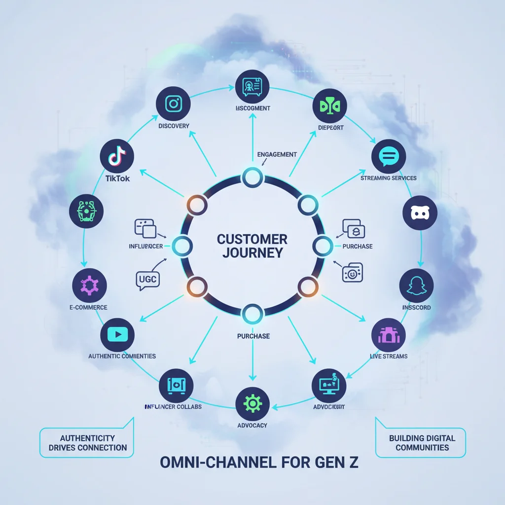 Omni-channel digital ecosystem for engaging Gen Z buyers, highlighting social media and community.