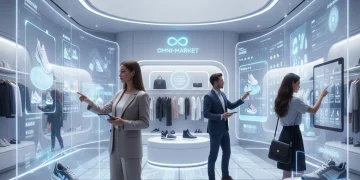 Seamless omnichannel customer experience in a modern retail setting with integrated digital and physical elements.