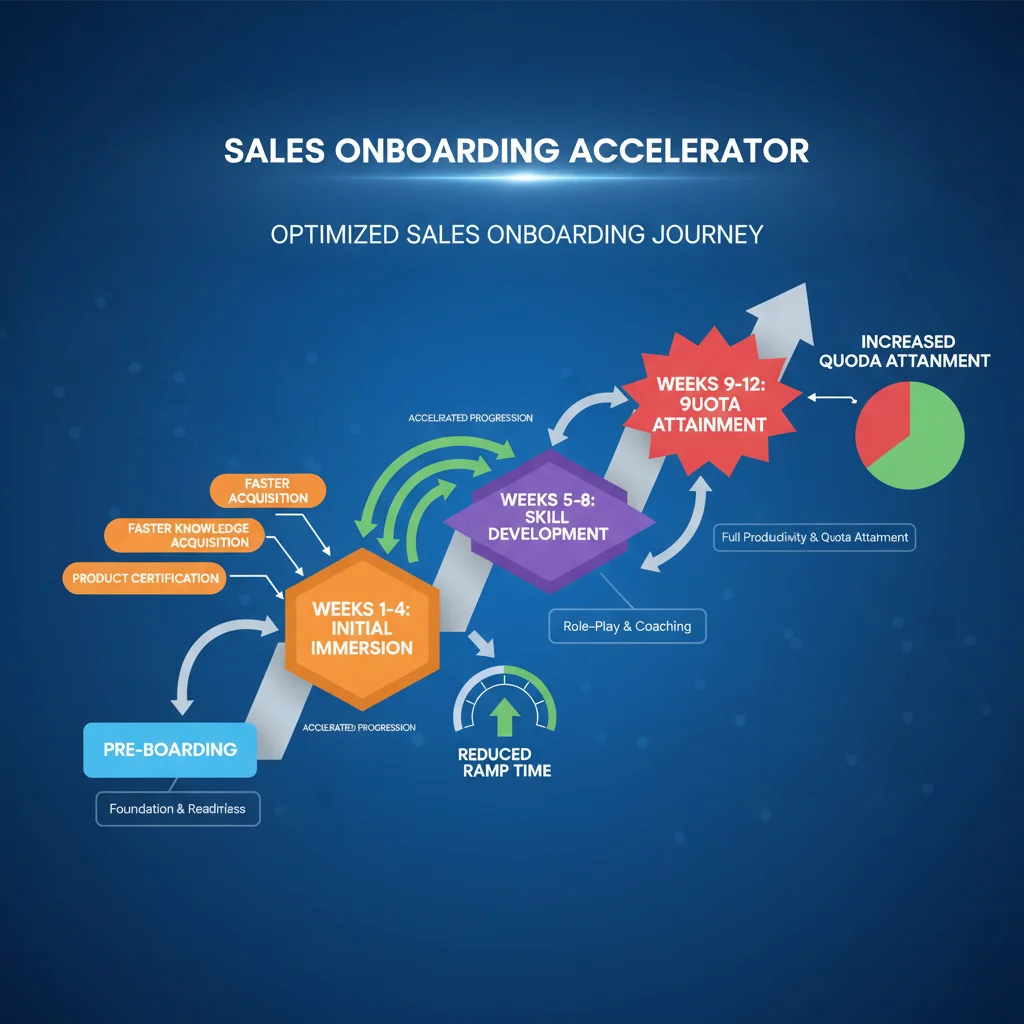 Infographic showing accelerated sales onboarding stages and key performance indicators.