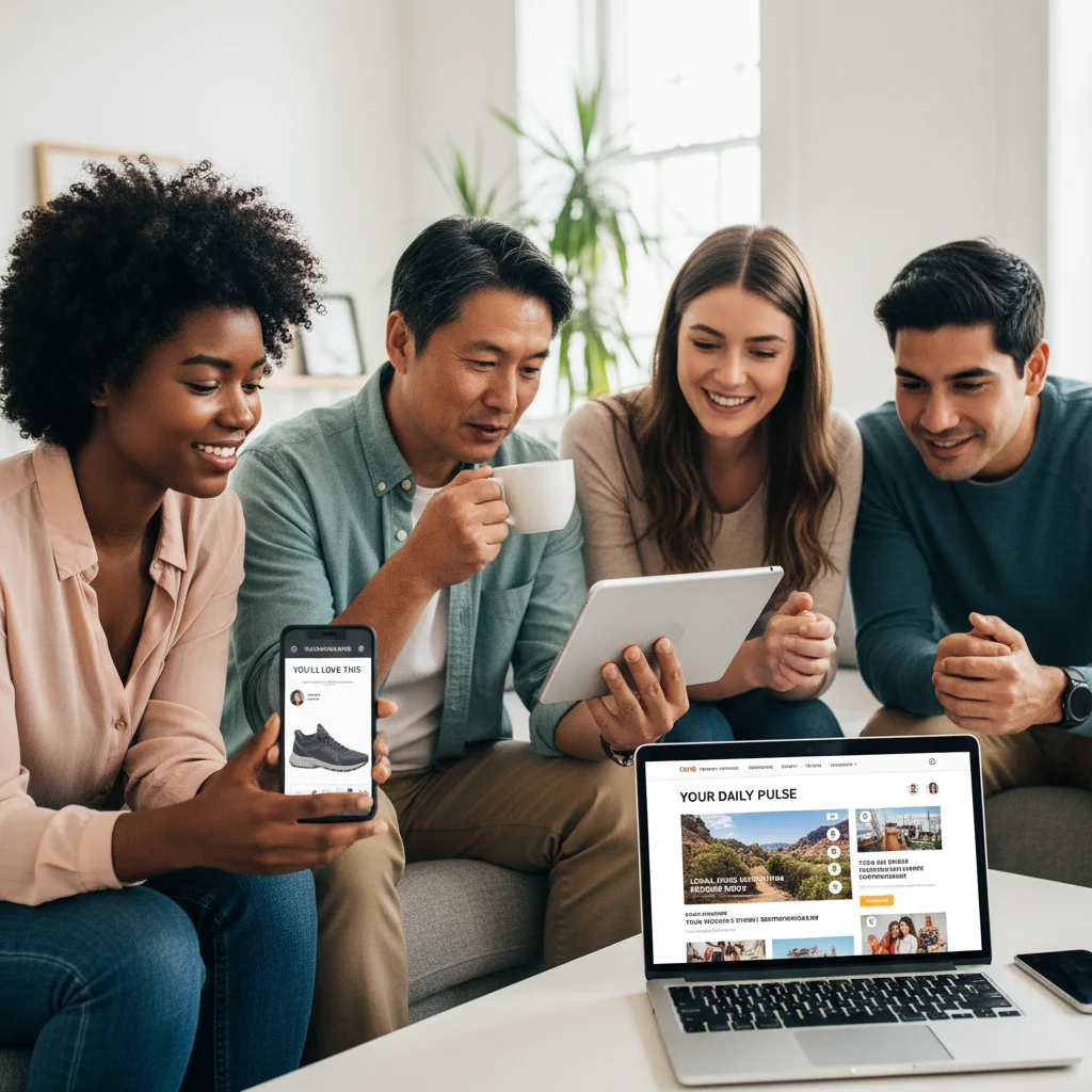 Diverse US consumers engaging with personalized digital content on multiple devices.