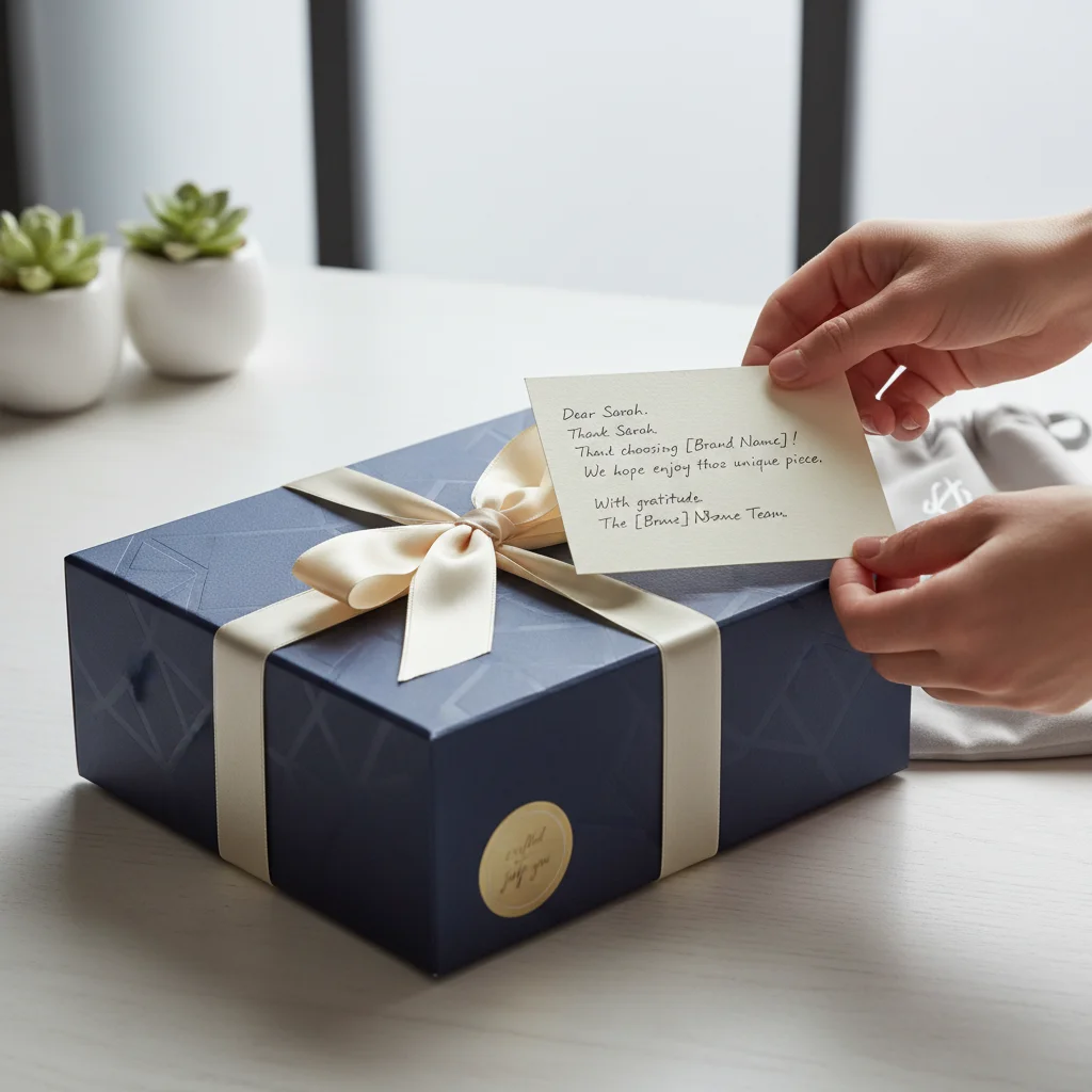 Customer unboxing a product with a personalized thank you note, emphasizing a positive first impression.