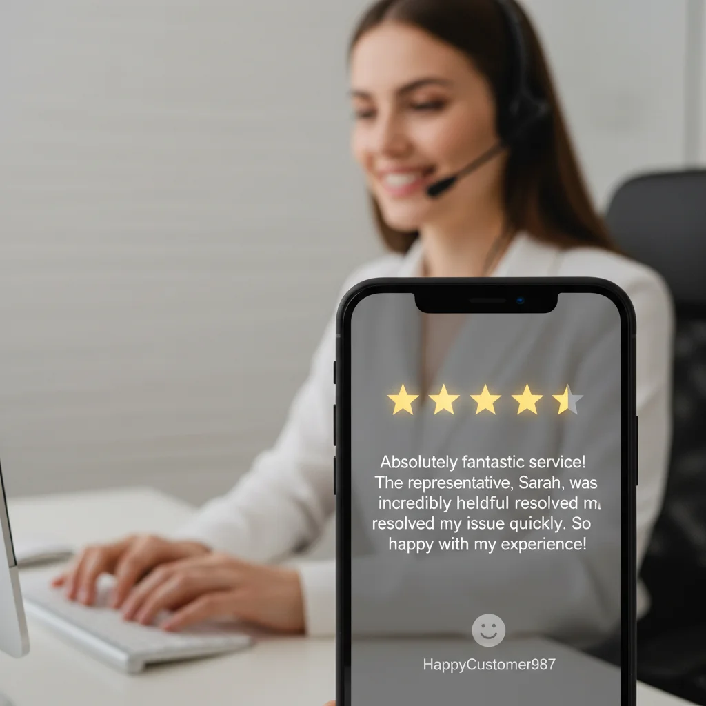 Smartphone showing positive customer review with customer service in background