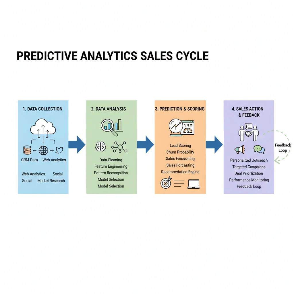 Workflow of predictive analytics in a sales cycle, from data to action.