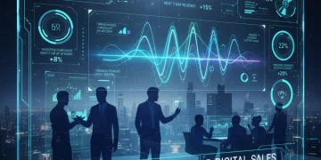 Futuristic dashboard showing predictive analytics for US digital sales, anticipating customer needs.