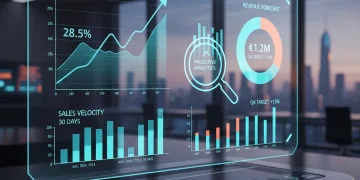 Futuristic sales dashboard with predictive analytics data showing increased lead conversion.