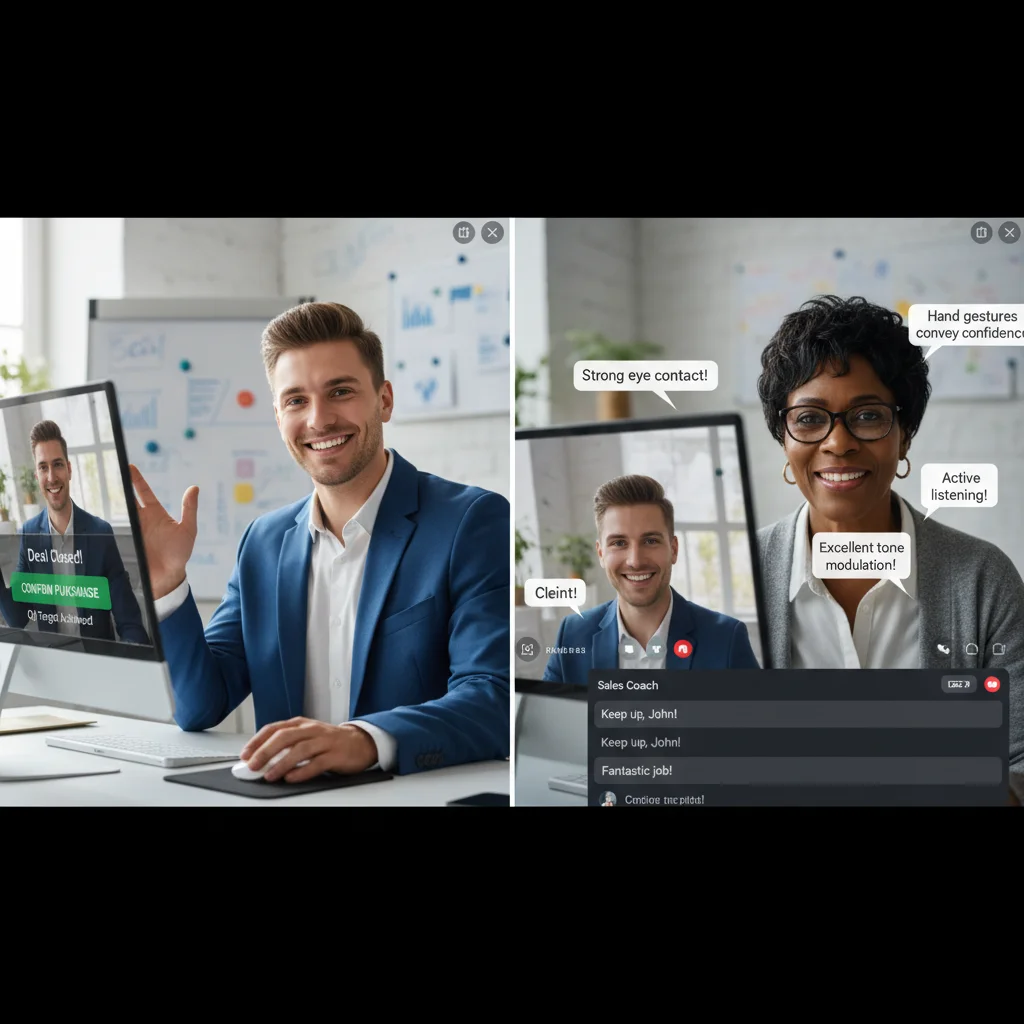 Sales rep closing a deal with real-time coaching feedback.