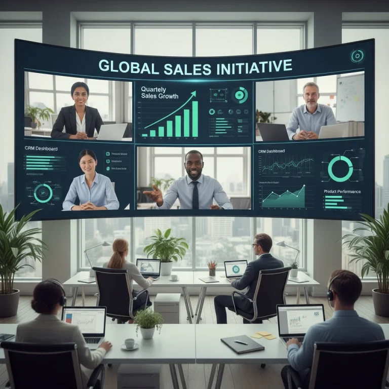 Remote sales team collaborating virtually on a sales strategy with digital tools.