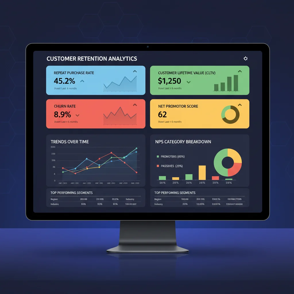 E-commerce analytics dashboard showing customer retention metrics and performance trends.