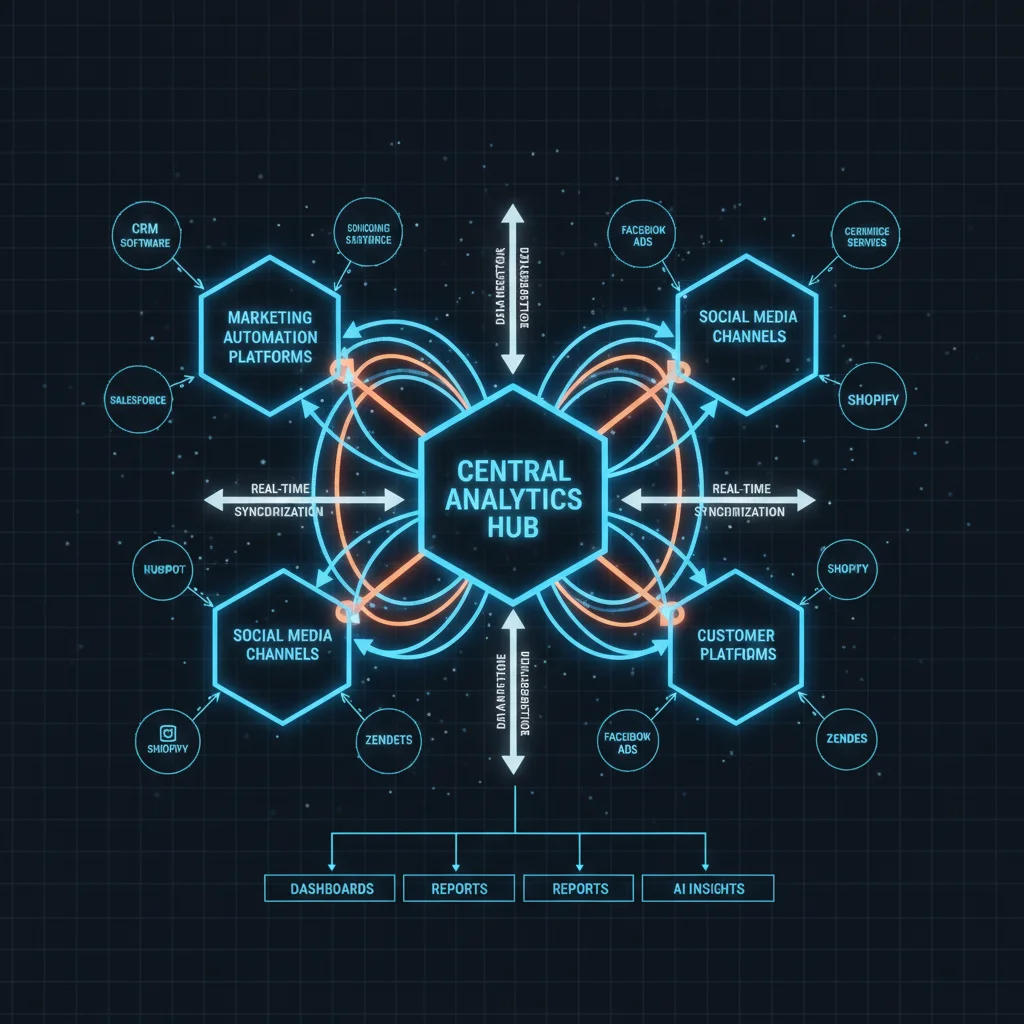 Interconnected network of sales data sources feeding into a central analytics hub