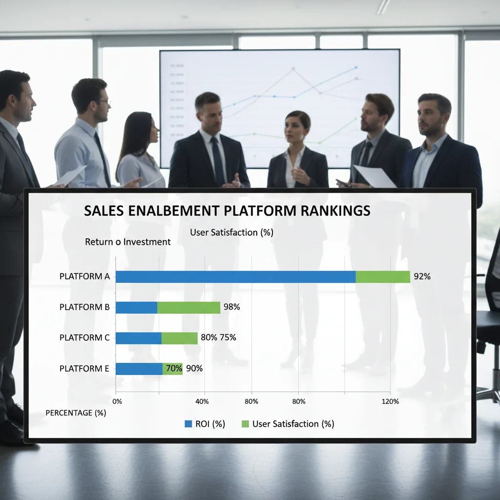 Bar chart comparing ROI and user satisfaction for leading sales enablement platforms.