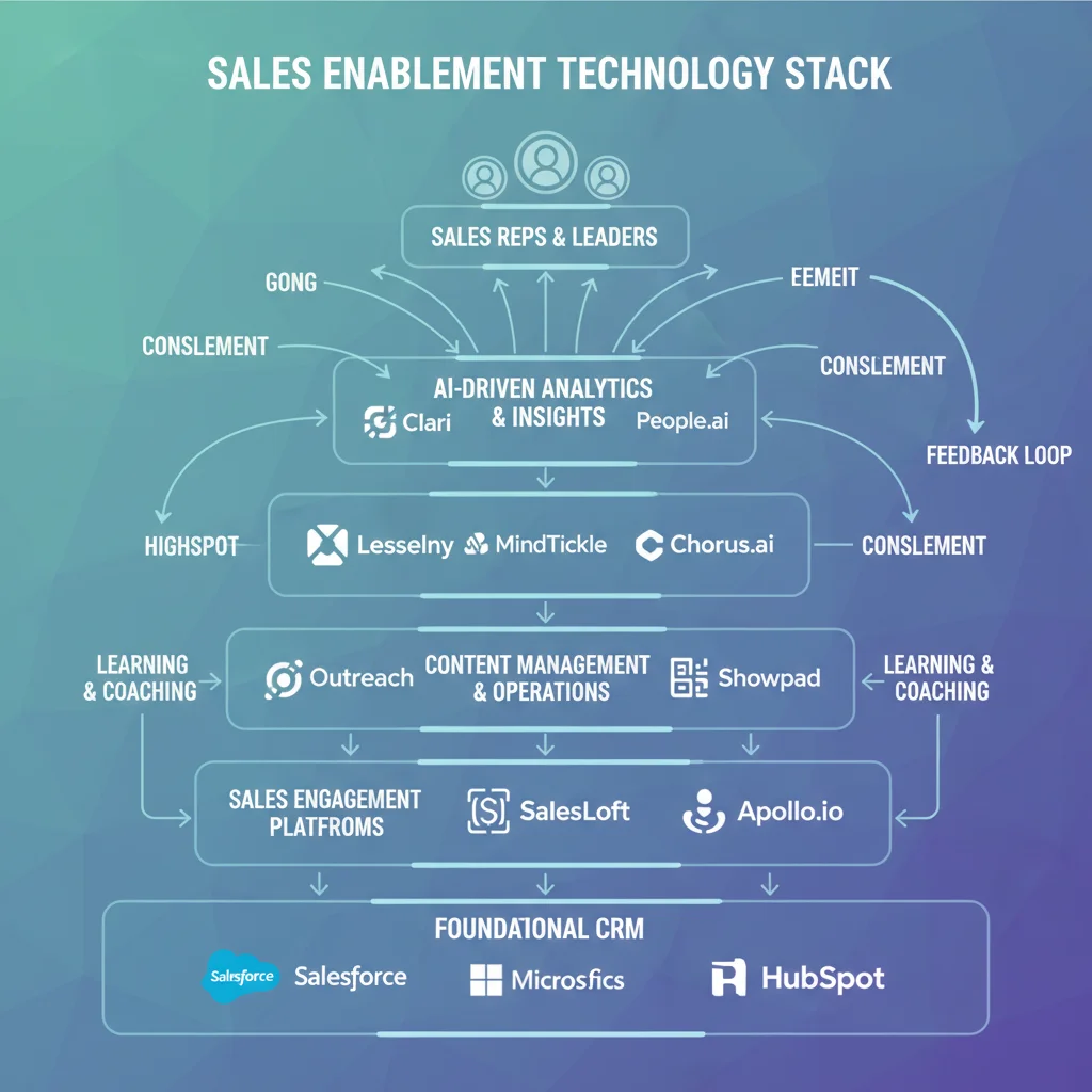 Infographic illustrating the layered components and data flow within a comprehensive sales enablement technology stack.