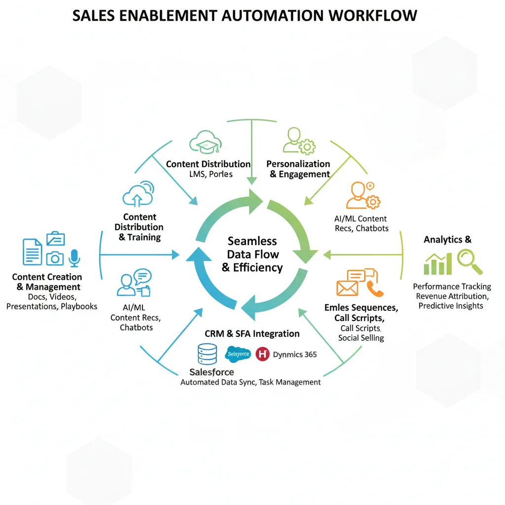 Infographic showing the interconnected workflow of sales enablement automation tools.
