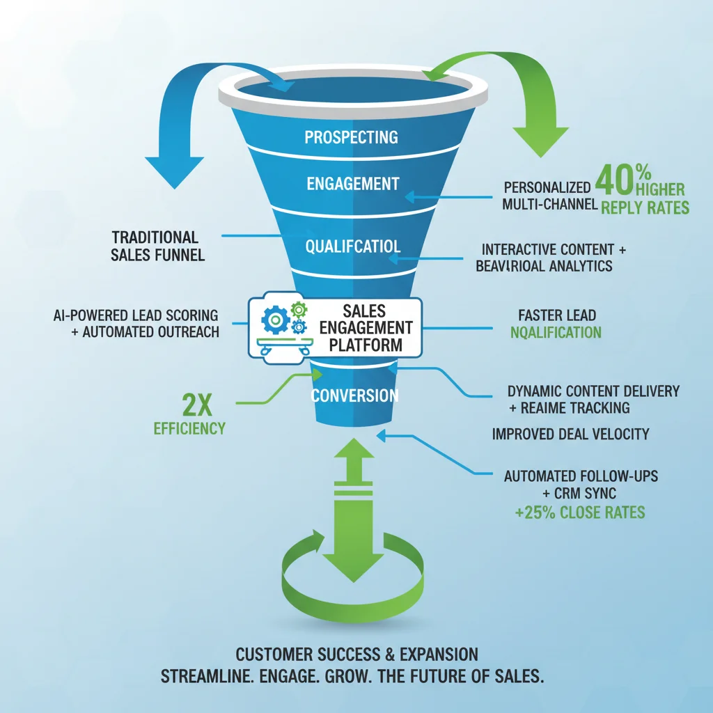Infographic depicting a streamlined sales funnel with improved efficiency and reply rates due to sales engagement platforms.