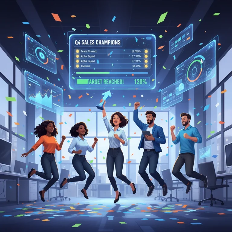 Sales team celebrating success with digital gamified leaderboards