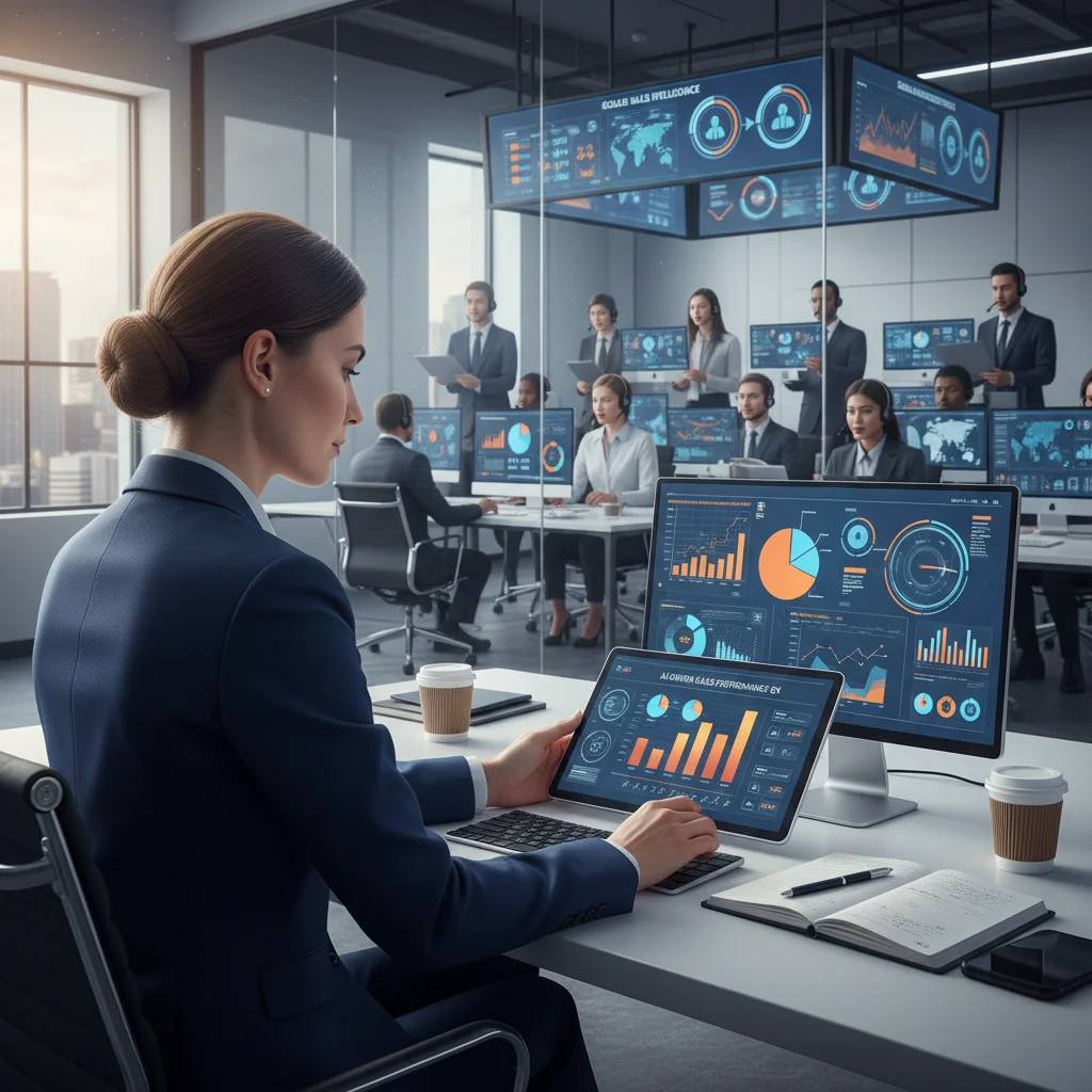 Sales manager analyzing AI performance reports with team