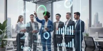 Sales managers analyzing real-time sales performance dashboard in 2026