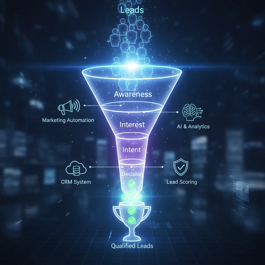 Sales and marketing funnel with integrated digital lead scoring tools
